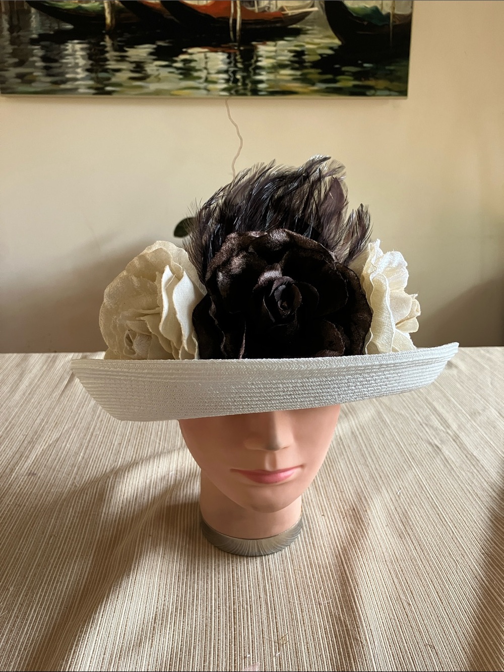 White Ladies Brim Hat with Brown and Cream Velvet Floral and Feather Accent